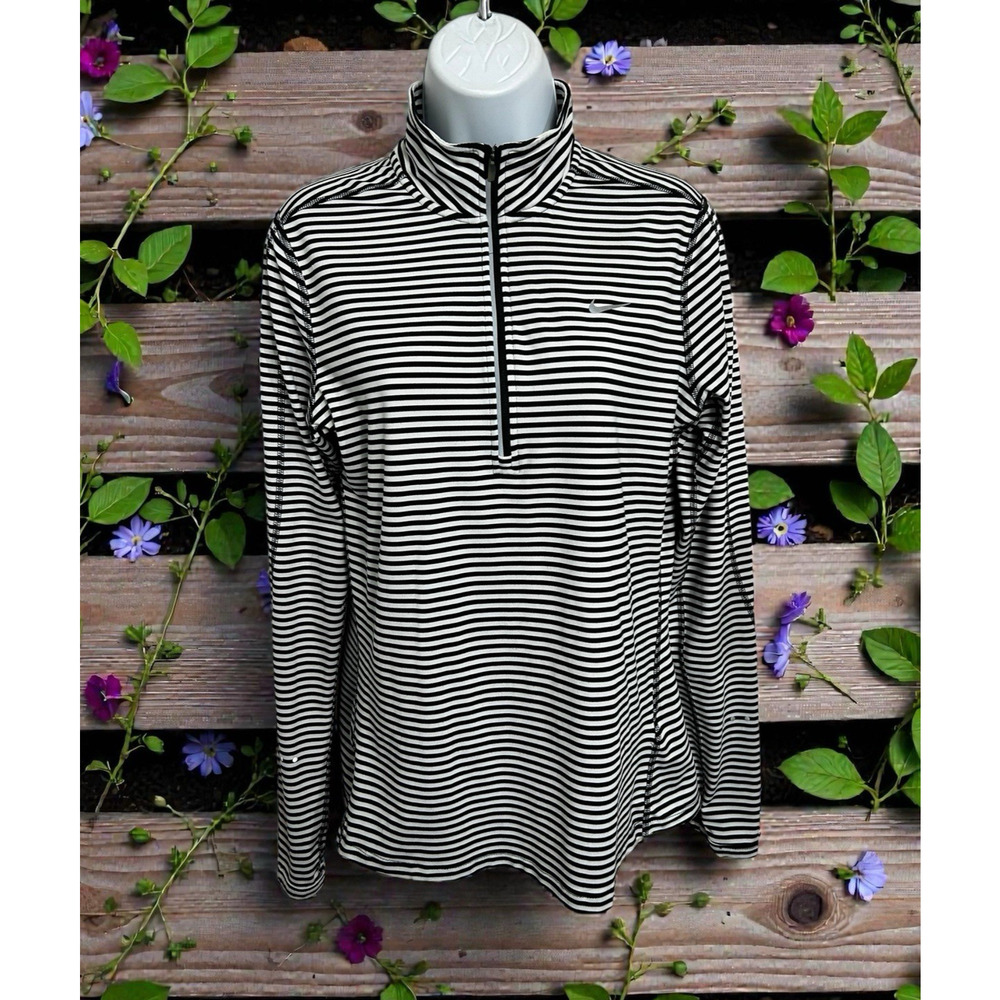 Nike Running Dri-Fit 1/4 Zip Top Sz M Black White Striped Long-Sleeve Athletic